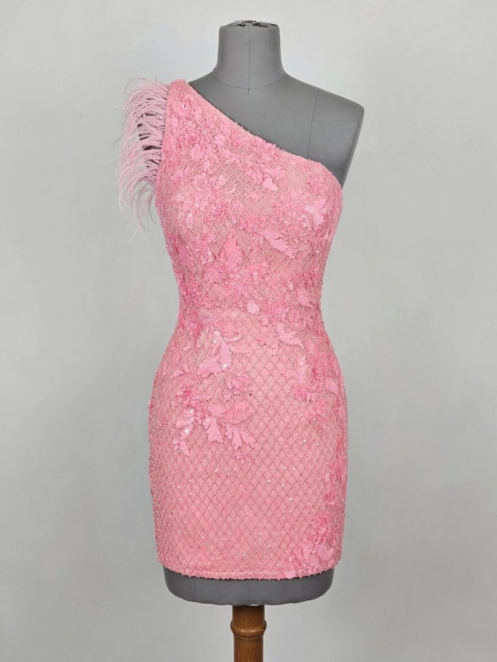 Ashley Lauren 4612 Candy Pink One-Shoulder Sequin Feather Mini Dress 8 NWT